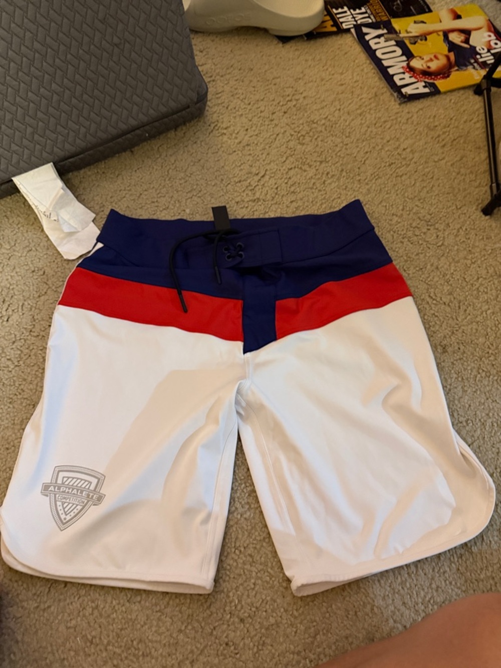 Alphalete White Red Navy mens physique board shorts Training Shorts